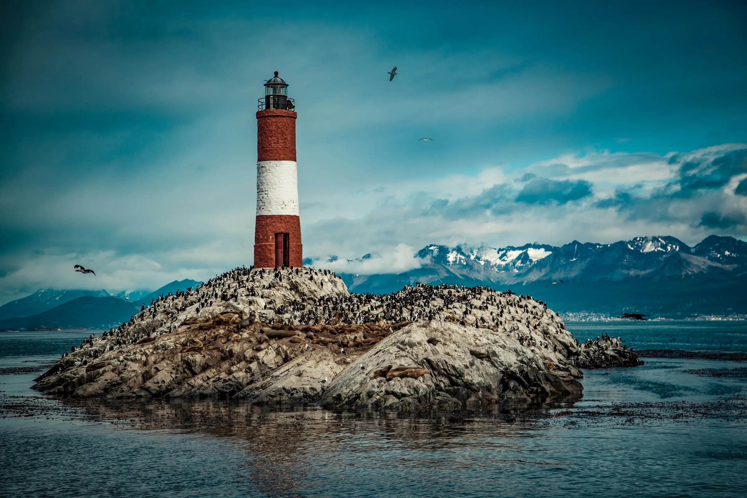Red and white lighthouse in the Beagle Channel